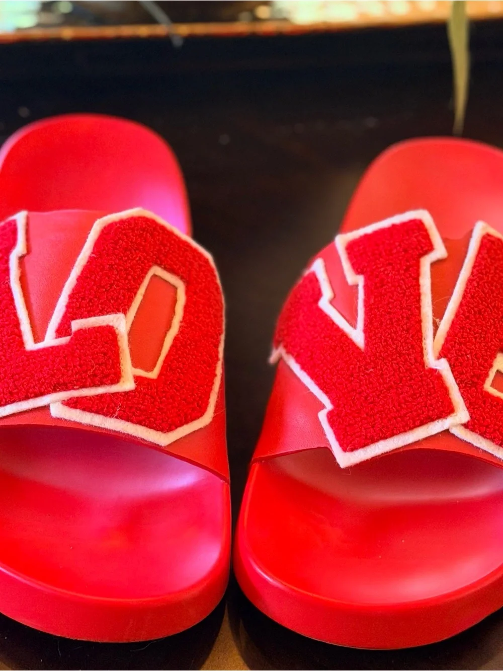Tory Burch Red 'LOVE' Slide Sandals with Chenille Appliqué